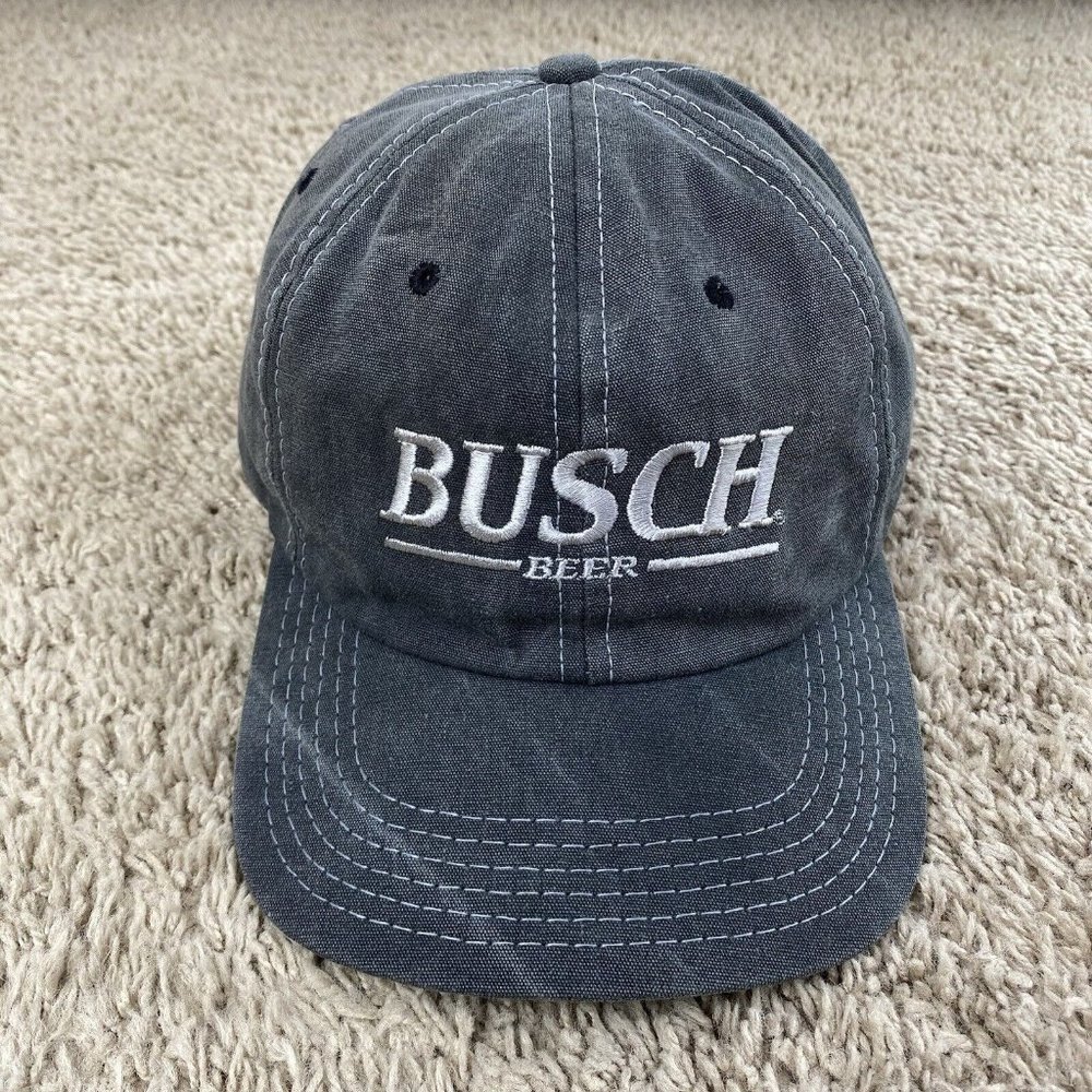 Vtg 1996 Busch Beer Hat Gray Canvas White Stitch Script‎ Adjustable Cap Made USA
